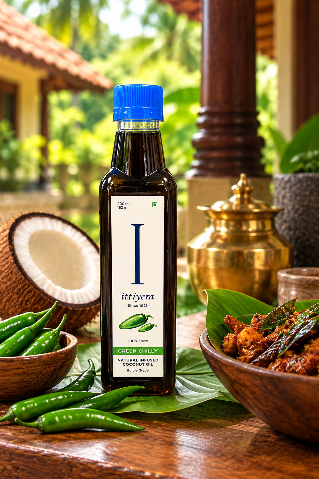 Coconut Oil Bottle in Tropical Kitchen